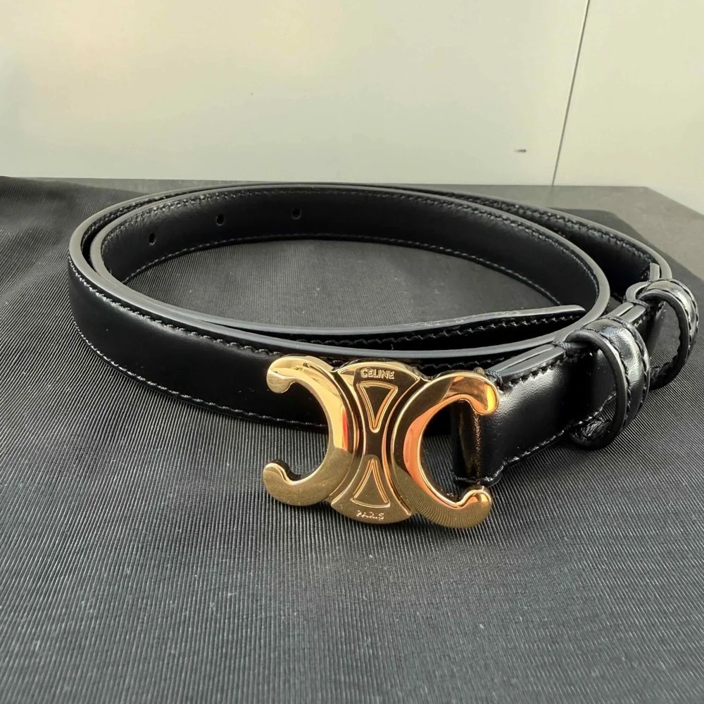 Celine Black Leather Belt Small (18mm) with Gold Triomphe Buckle 65cm